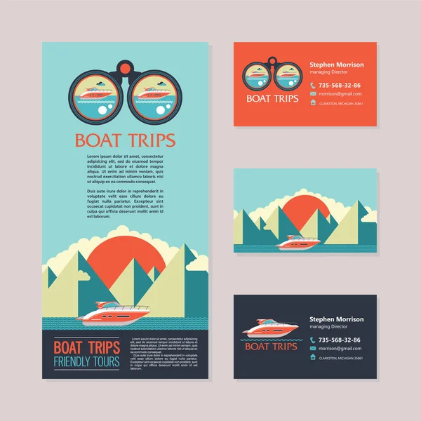 Voyage en mer sur un yacht. Dépliants design et cartes de visite. Illustration vectorielle d'un yacht sur fond de paysage montagneux . — Image vectorielle