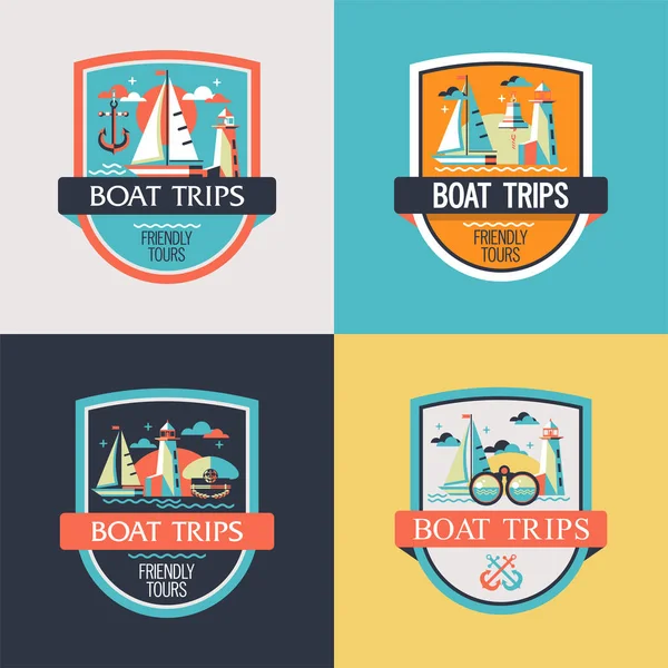 Set of vector logos and emblems. Walking on the sea on a yacht. Boat trips. — Stock Vector