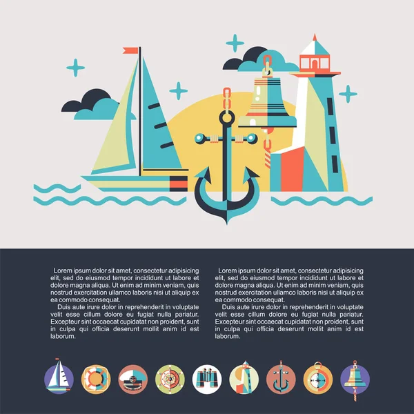 Seyahat bir yatta kavramı. Deniz dinlenme. Düz stil çizimde. Tekne gezileri. Yuvarlak simgeler kümesi.