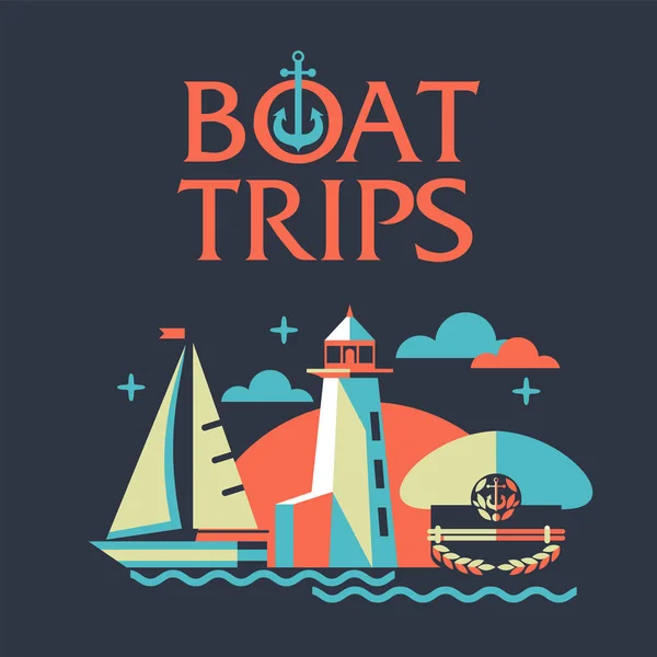 The concept of travel on a yacht. The rest of the sea. Illustration in flat style. Boat trips. — Stock Vector