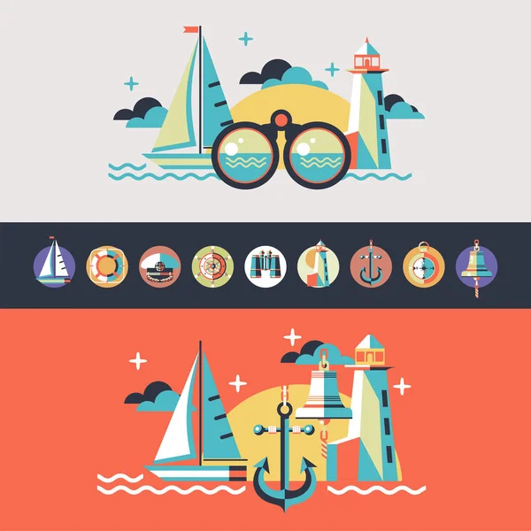 Vektör çizim düz tarzı. Yelkenli tekne, deniz feneri, pusula. Dikdörtgen vektör simgeler Kaptan kapağı, dürbün, gemi çan, lifebuoy, tekerlek.