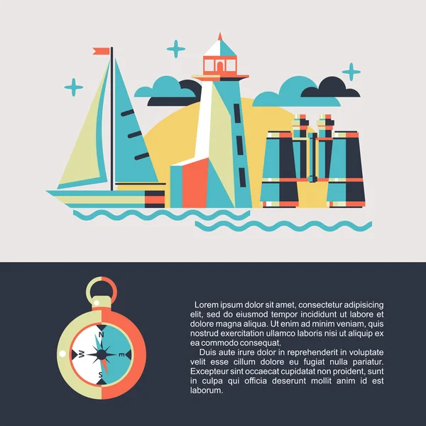 Vektör çizim deniz konulu. Yelkenli, dürbün, deniz feneri, pusula.