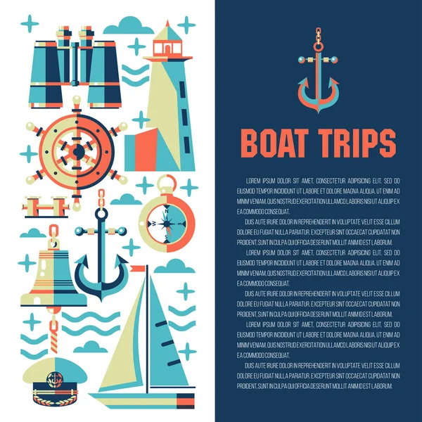 Векторная иллюстрация с местом для текста. Морской яхт-клуб. Картины на тему морских путешествий. Бинокль, колесо корабля, маяк, компас, якорь . — стоковый вектор