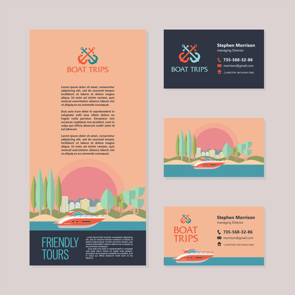 Yacht on the background of the urban landscape and trees. Vector illustration in flat style. Template business cards and flyers.