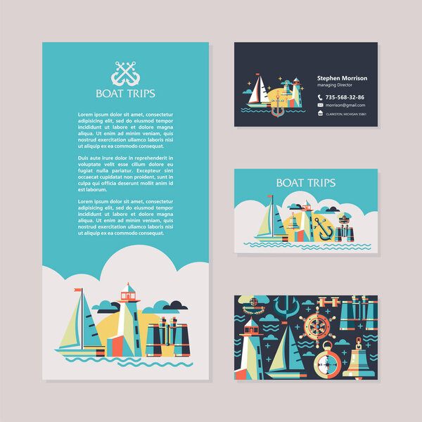 Yacht, sailing, lighthouse, binoculars, compass. Vector illustration. Design flyers and business cards.