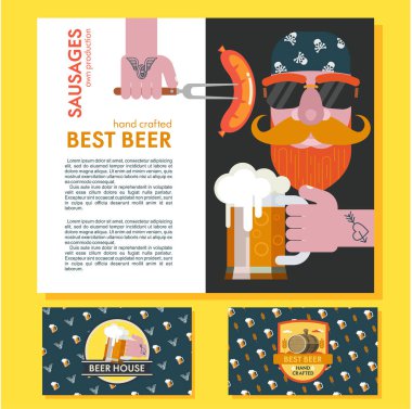 Bununla birlikte güneş gözlüklü bir bandana sakallı bir adam. Bira bardağı el dövme. Elinde çatal üzerinde ızgara sosis. Kurumsal kartvizit bira bar logo tasarım.