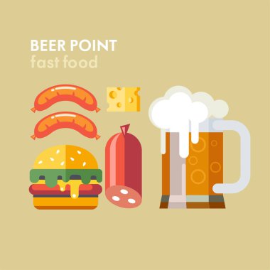 Bira ve ürünleri. Bir bardak bira, sosis, peynir, Burger. Düz stil vektör simgeler kümesi.