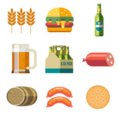 Bira bardağı, şişe ambalajı bira fıçı bira, hamburger, sosis, bisküvi, arpa kulağı. Vektör simgeleri kümesi.