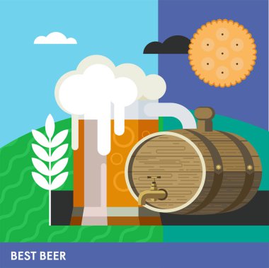 Renkli poster. Kupa bira ve bir fıçı bira. En iyi bira. Çevre dostu ürünler.