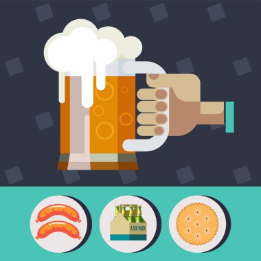 El kupa bira tutar. En iyi bira. Renkli afiş reklam bira. Vektör simgeler. Sosis, ambalaj şişe bira, tanımlama bilgileri.