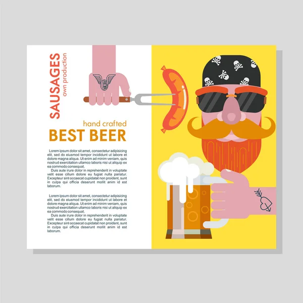 Bununla birlikte güneş gözlüklü bir bandana takan sakalı olan kel bir adam. Bira kupa el dövme. Elinde çatal üzerinde ızgara sosis. Metin için yer ile renkli vektör çizim. 