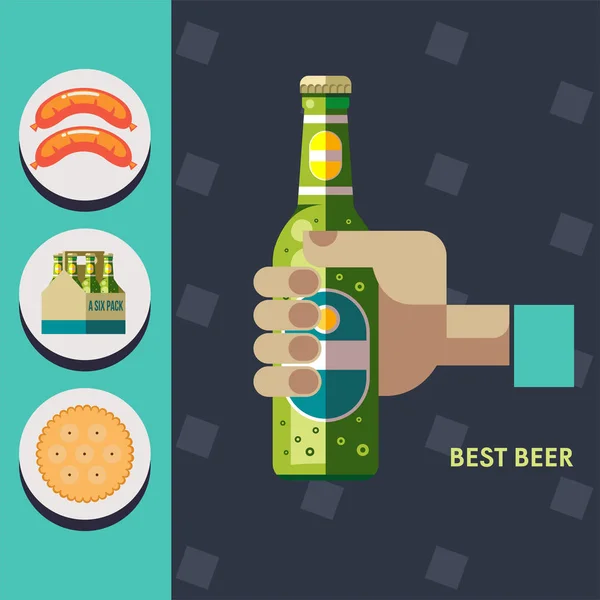 Una bottiglia di birra in mano. Illustrazione vettoriale. Le icone sono impostate. Salsicce, bottiglie di birra, biscotti. — Vettoriale Stock