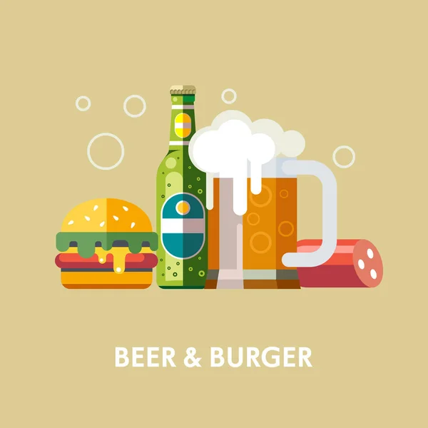 Birra e prodotti. Tazza di birra, bottiglia di birra, salsiccia, hamburger. Illustrazione vettoriale in stile piatto . — Vettoriale Stock