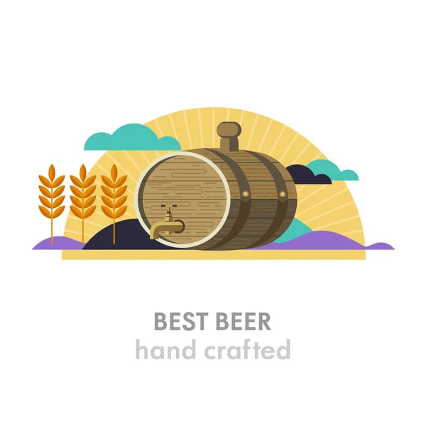 Beer keg. The best beer.Wheat field, sun, clouds. Environmentally friendly products. Vector illustration in flat style. — Stock Vector