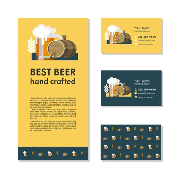 Branding, business cards and a flyer. Best beer hand crafted.  Beer mug and a beer keg. — Stock Vector