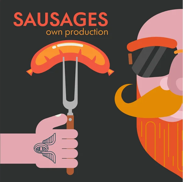 Grilled sausage on a fork in his hand. Bald bearded man gourmet. Vector illustration. — Free Stock Photo