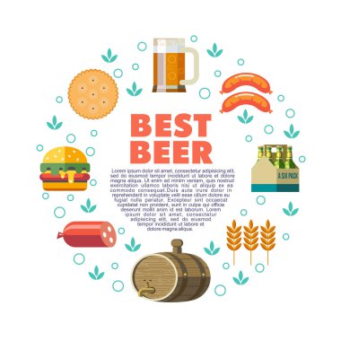 Vektör öğeleri bir daire içinde düzenlenir. En iyi bira, vektör çizim. Bira bardağı, bira varil, hamburger, sosisli, bisküvi, ambalaj şişelenmiş bira, arpa kulak.