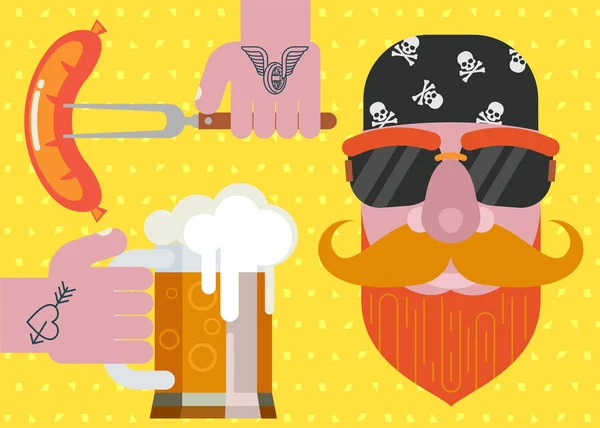 Un uomo con la barba che indossa una bandana con gli occhiali da sole. Tazza di birra tatuata a mano. Salsiccia grigliata su una forchetta in mano. Illustrazione vettoriale colorata. — Vettoriale Stock