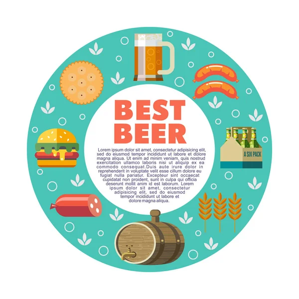 En iyi bira, vektör çizim. Vektör öğeleri bir daire içinde düzenlenir. Bira bardağı, bira varil, hamburger, sosisli, bisküvi, ambalaj şişelenmiş bira, arpa kulak.