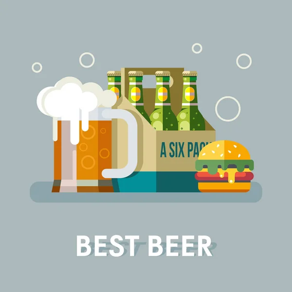 Das beste Bier. Becher Bier und Packung Flaschenbier. Hamburger. — Stockvektor