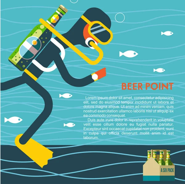 Il subacqueo con una bottiglia di birra invece di ossigeno. Illustrazione divertente per gli amanti della birra e delle immersioni con posto per il testo . — Vettoriale Stock