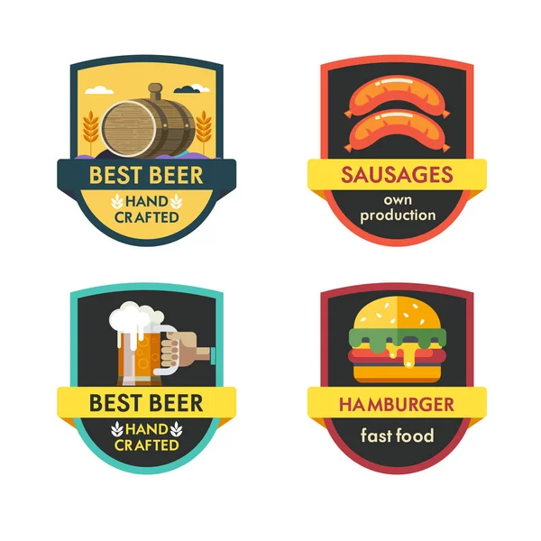Vektör logolar kümesi. En iyi bira, Burger, sosis.