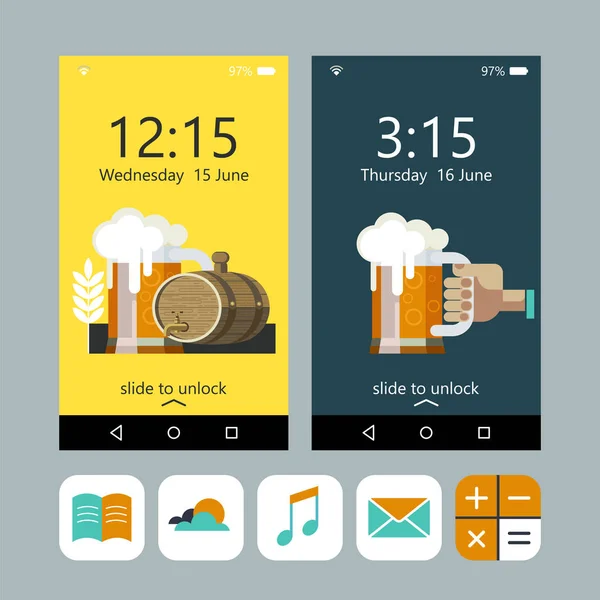전화에 벽지. 맥주의 찻잔 손에 맥주잔과 맥주 술 통. 귀하의 휴대 전화에 대 한 벡터 아이콘 세트. — 스톡 벡터