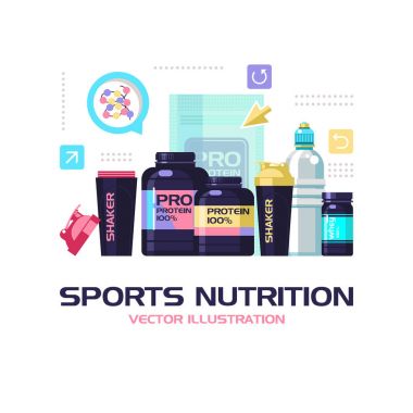 Protein, Çalkalayıcılar, halter, enerji içecekleri. Spor ve beslenme. Fitness. Beyaz arka plan üzerinde izole vektör çizim. Tasarım öğeleri kümesi.