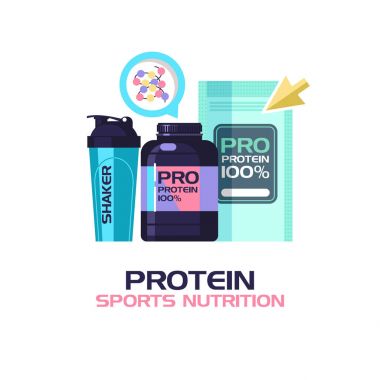 Protein, Spor beslenme, su, shaker. Beyaz arka plan üzerinde izole vektör çizim.