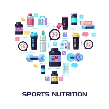 Protein, Spor beslenme, su, shaker, halter, enerji içecekleri. Bir kalp şeklinde düzenlenmiş tasarım öğeleri kümesi.