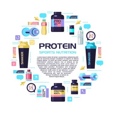 Protein, Spor beslenme, su, shaker, halter, enerji içecekleri. Herkesdaire oluşturacak şekilde düzenlenmiş tasarım öğeleri kümesi. 
