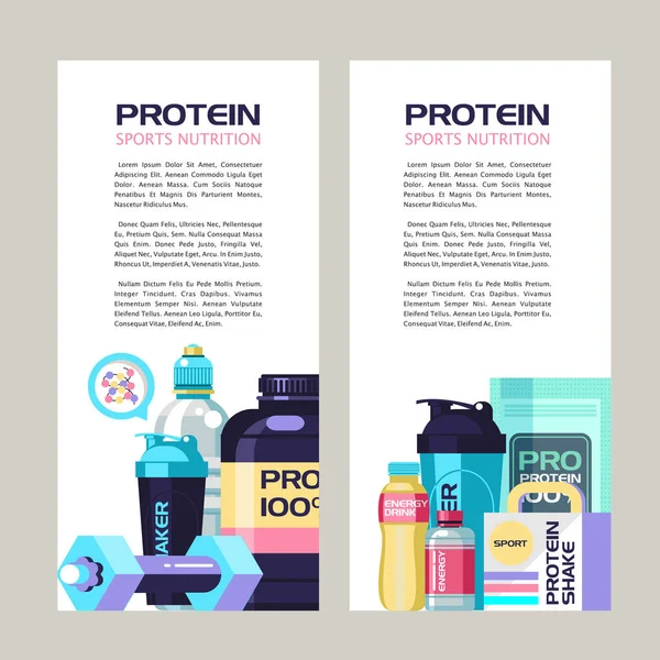 Proteína, nutrição esportiva, bebidas energéticas, água, garrafa de shaker, halteres. Conjunto de ilustrações vetoriais com espaço para texto . —  Vetores de Stock