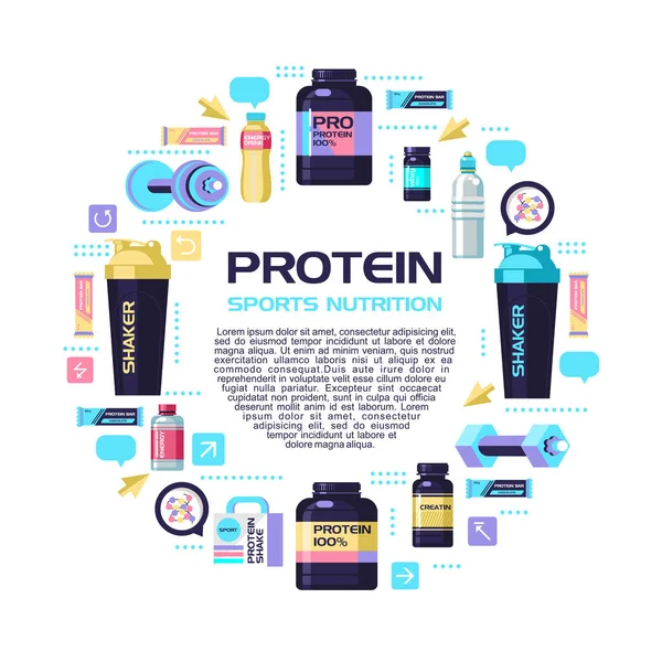 Protein, Spor beslenme, su, shaker, halter, enerji içecekleri. Herkesdaire oluşturacak şekilde düzenlenmiş tasarım öğeleri kümesi. 