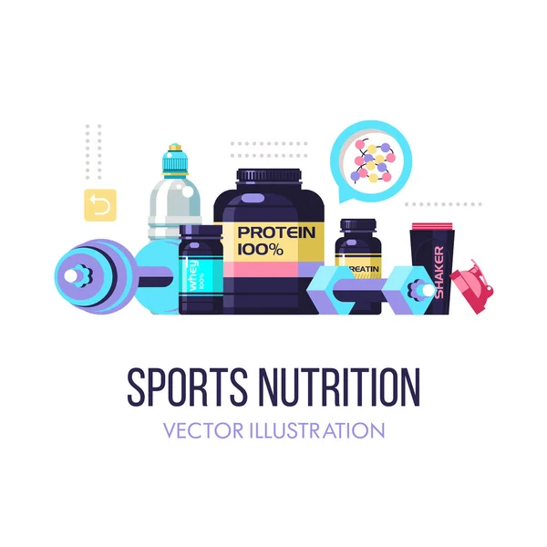 スポーツ栄養。フィットネス。タンパク質、シェーカー、ダンベル、エネルギード リンク。デザイン要素のセットです。白い背景で隔離のベクトル図. — ストックベクタ