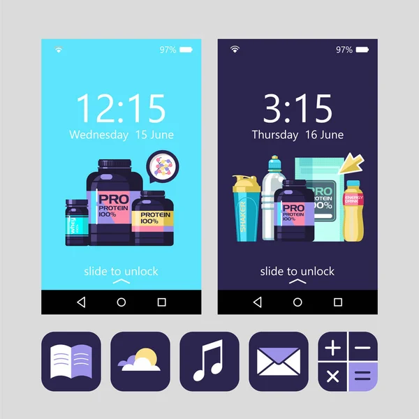 전화의 바탕 화면에 대 한 배경 화면입니다. 단백질, 스포츠 영양, 물, 통, 아령, 에너지 음료. 벡터는 디자인 요소 설정. — 스톡 벡터