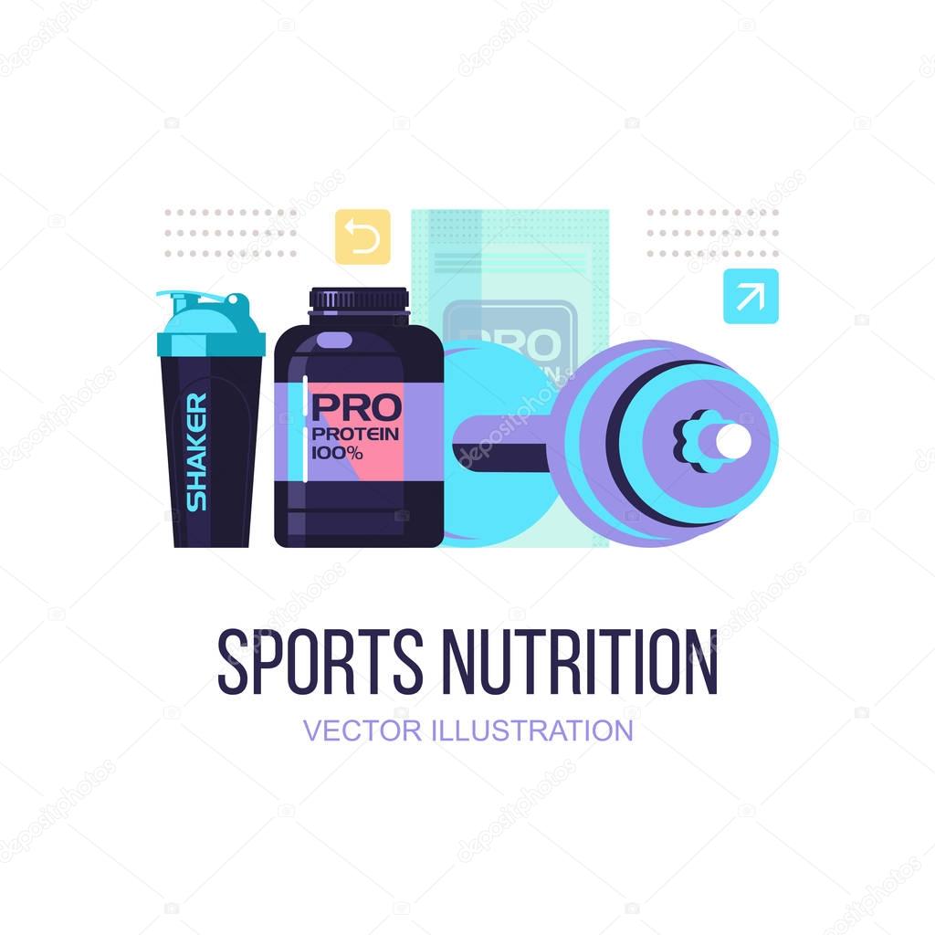Protein, shakers, dumbbell, energy drinks. Fitness. Sports nutrition. Vector illustration isolated on white background. Set of design elements.