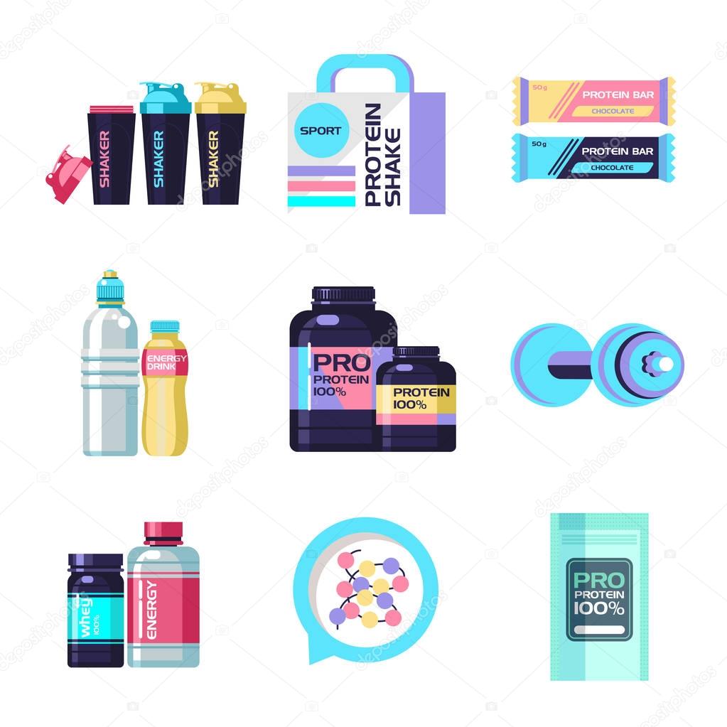 Protein, sports nutrition, energy drinks, water, shaker bottle, dumbbells. Set of vector icons, design elements.