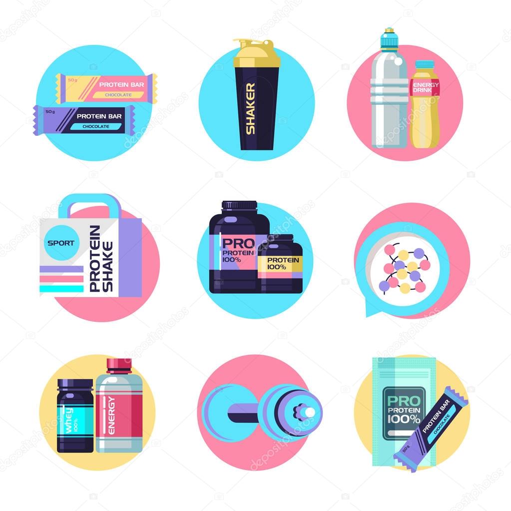 Protein, sports nutrition, water, shaker, dumbbell, energy drinks. Round vector icons.