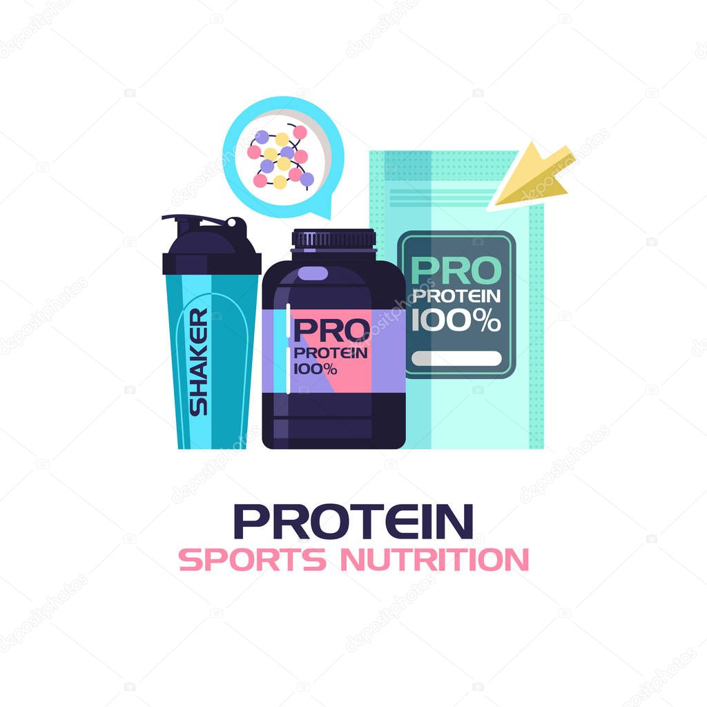 Protein, sports nutrition, water, shaker. Vector illustration isolated on white background.