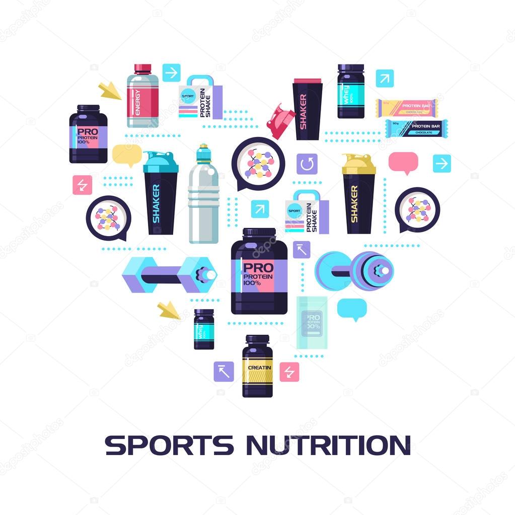 Protein, sports nutrition, water, shaker, dumbbell, energy drinks. Set of design elements, which are arranged in the shape of a heart.