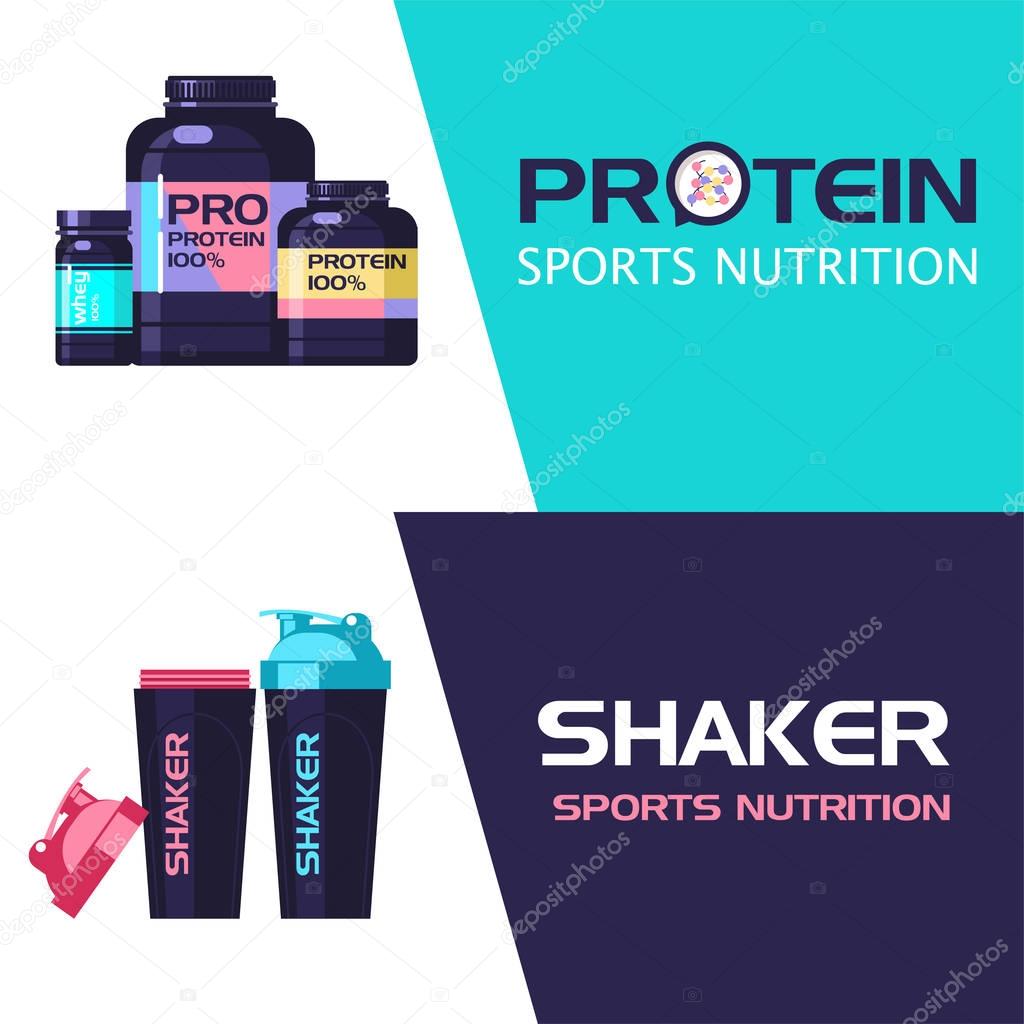 Protein, sports nutrition. Set of banners with place for text.