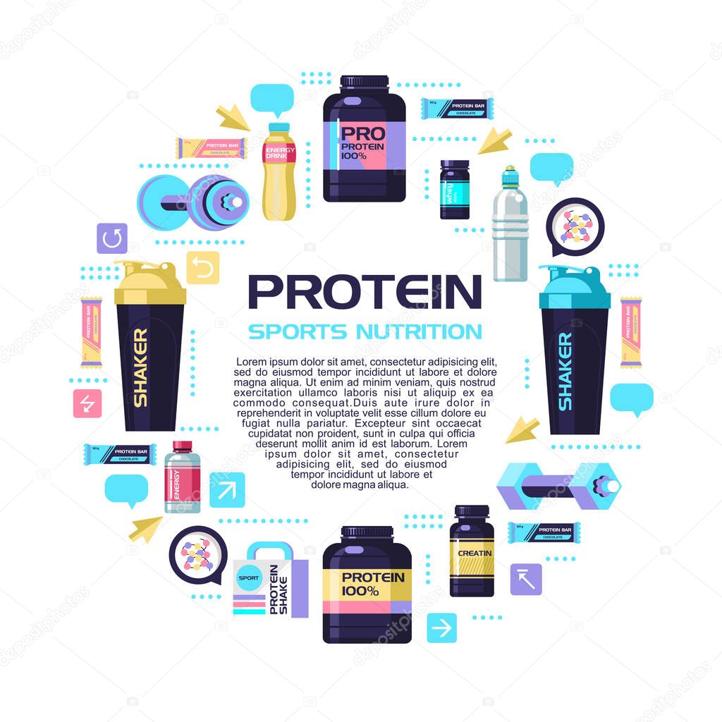 Protein, sports nutrition, water, shaker, dumbbell, energy drinks. Set of design elements arranged in a circle. 