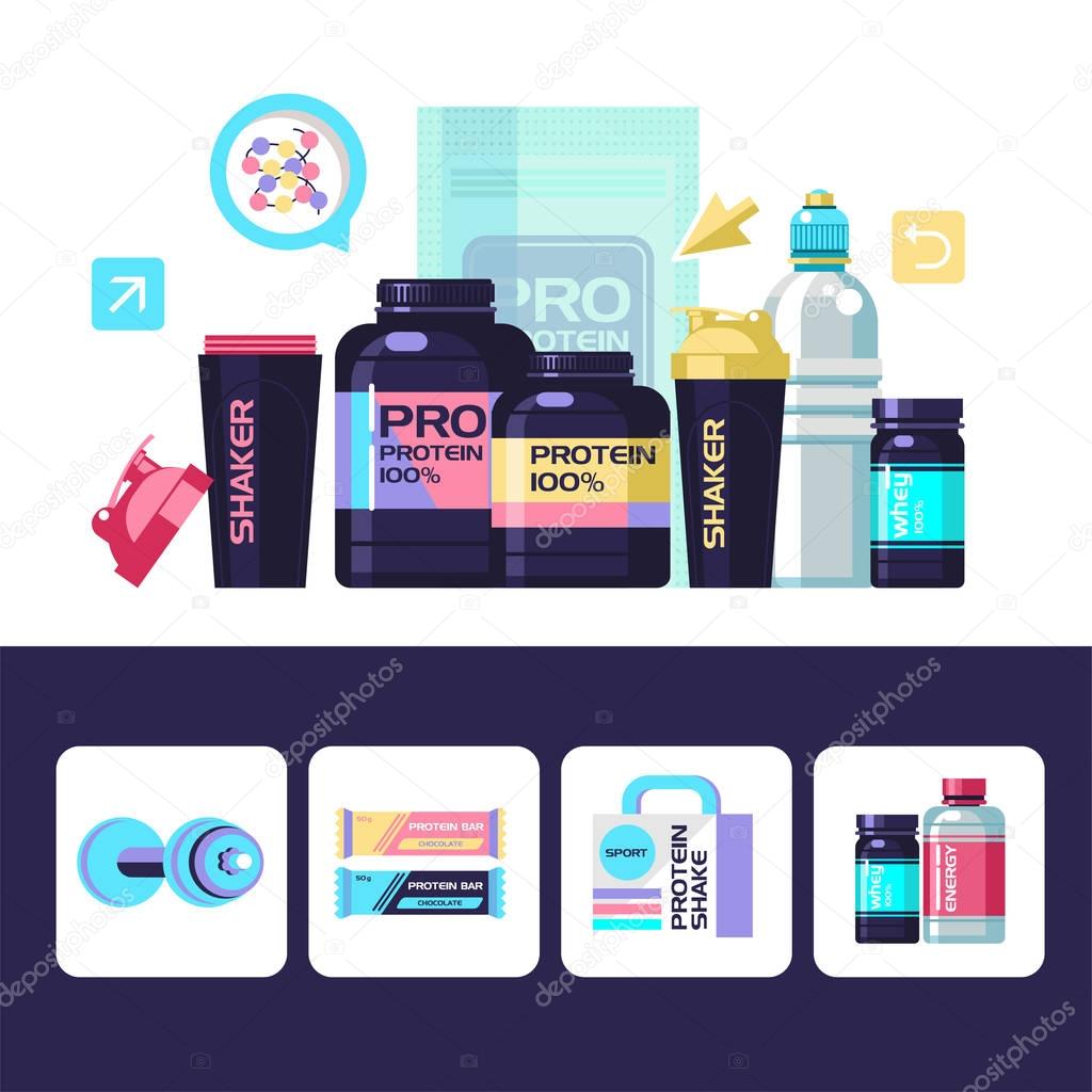 Protein. Sports nutrition. Vector illustration. Set of design elements, square icons.
