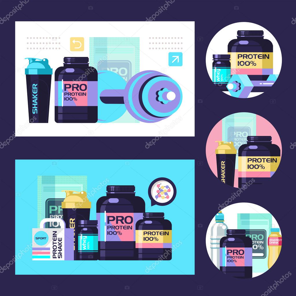 Protein. Sports nutrition. Vector illustration. Set of design elements, icons.