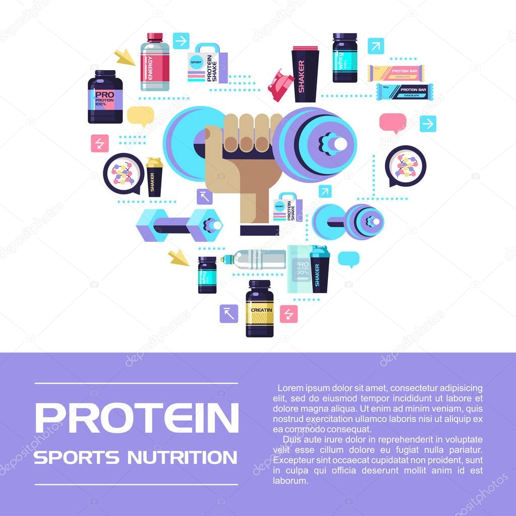Set of design elements that are arranged in the shape of a heart. Hand holding a dumbbell.  Protein, sports nutrition, water, shaker, dumbbell, energy drinks.