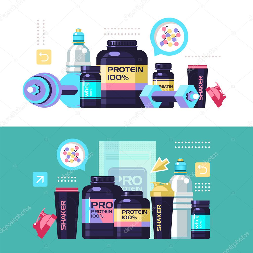 Sports nutrition. Fitness. Protein, shakers, dumbbell, energy drinks. Vector illustration. Set of design elements.