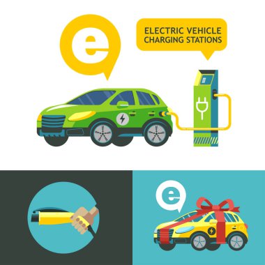 Elektrikli araç şarj istasyonu. Hizmet elektrikli araçlar. Araba hediye olarak. Vektör çizim. Düz stil.