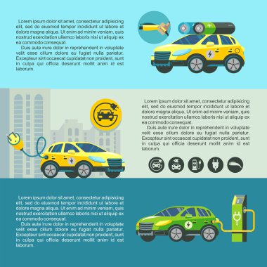 Elektrikli otomobil, çevre dostu modern teknoloji. Metin için yer ile afiş kümesi.