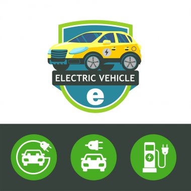 Elektrikli Araba. Vektör logo, amblem. Beyaz bir arka plan üzerinde izole. Vektör simge kümesi.