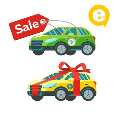 Elektrikli arabalar. Araba hediye olarak. Satılık. İndirimler. Beyaz arka plan üzerinde izole vektör çizim.